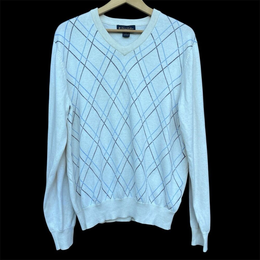 Brooks Brothers Menโs Supima Cotton Cream Blue Argyle V-Neck Sweater Size Medium